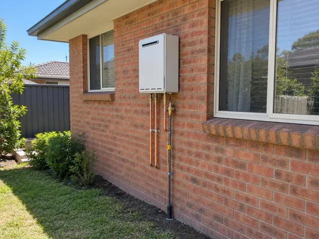 Wall-mounted hot water system on a brick house exterior with copper pipework in Tenambit